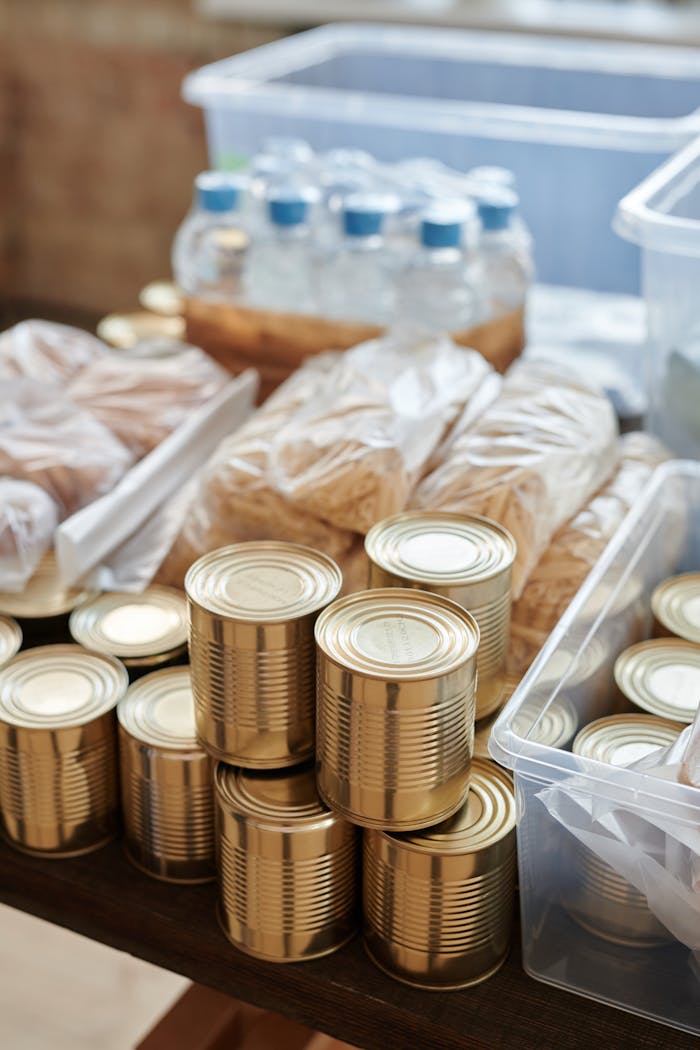 A variety of canned goods and packaged items arranged for a donation drive or food bank collection.